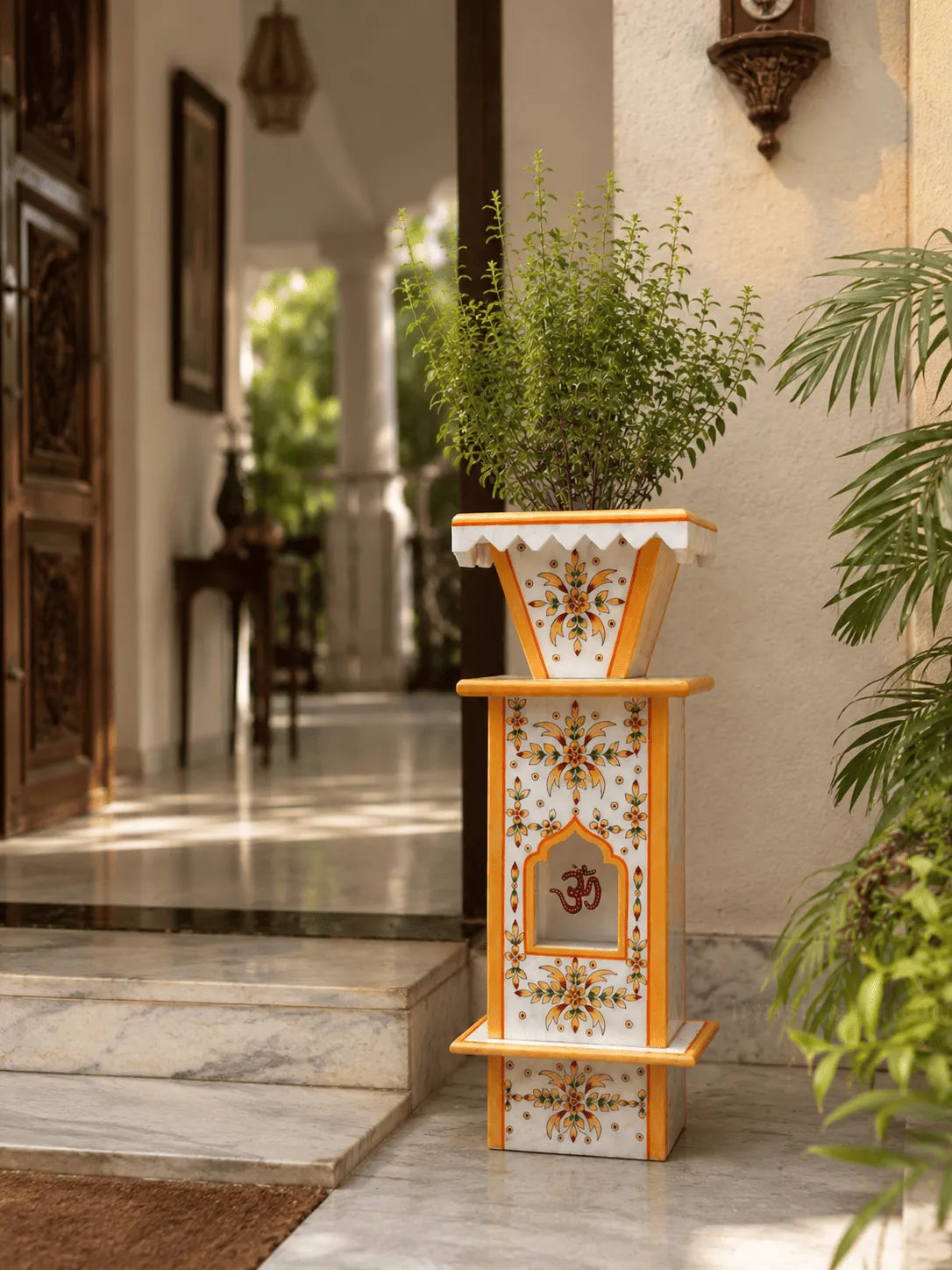 Traditional Hand-Painted Marble Tulsi Pot