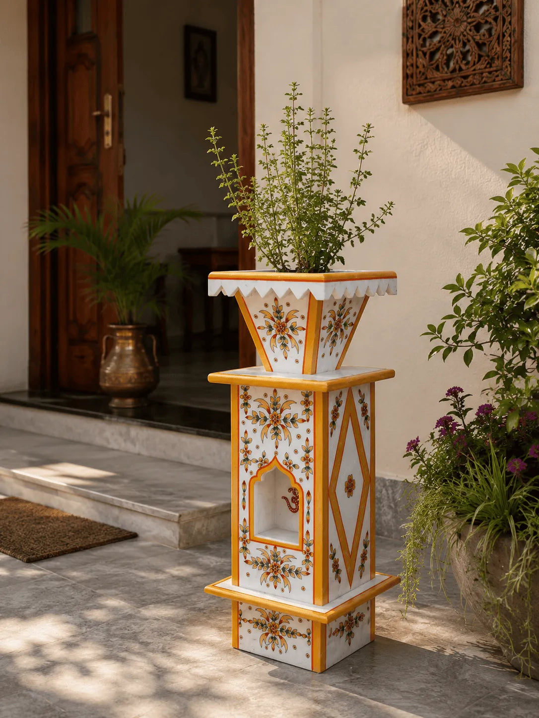 Traditional Hand-Painted Marble Tulsi Pot