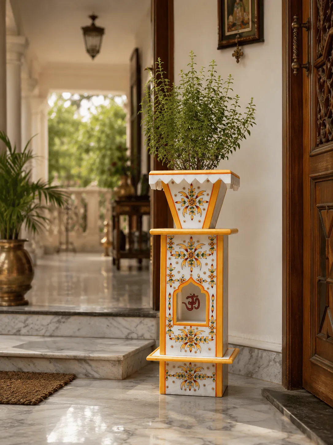 Traditional Hand-Painted Marble Tulsi Pot