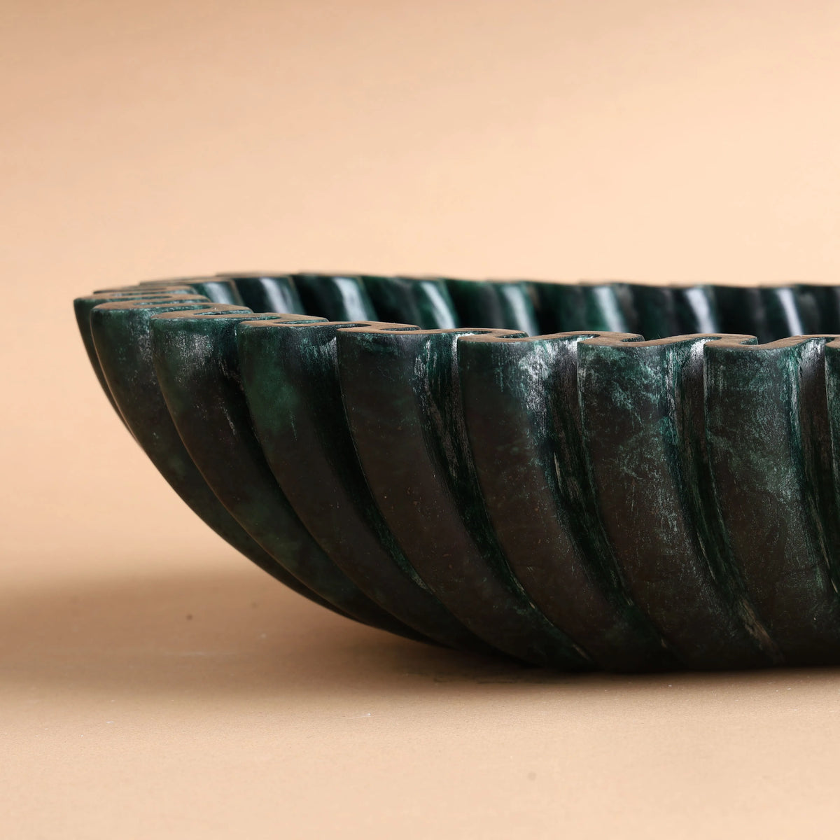 Fern Bowl - Green Marble Oval Fluted Bowl