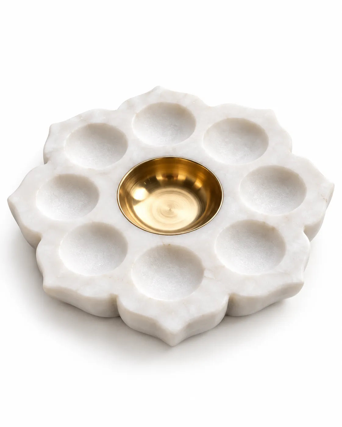Marble Lotus Tealight Holder with 8 Cups and Brass Bowl