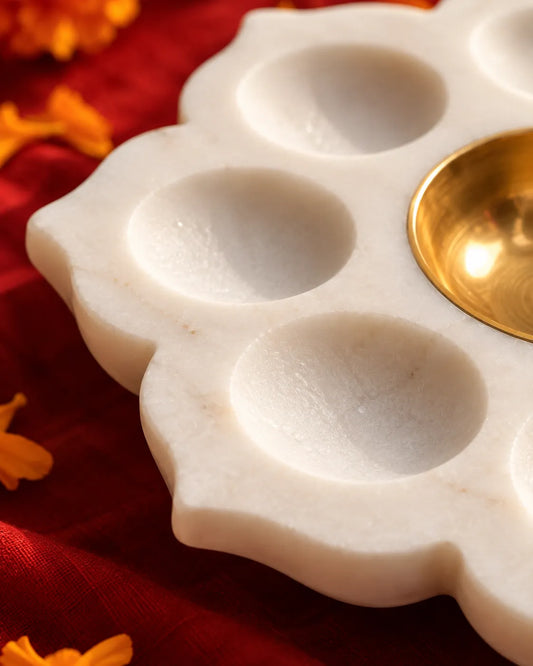 Marble Lotus Tealight Holder with 8 Cups and Brass Bowl