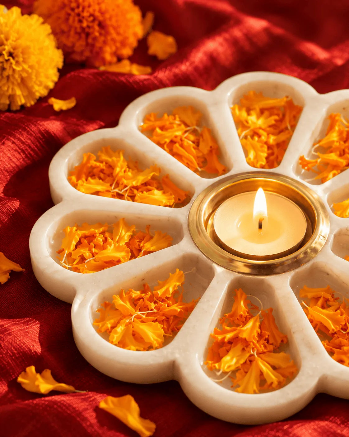 Marble Flower Diya Platter with Brass Tealight Cup