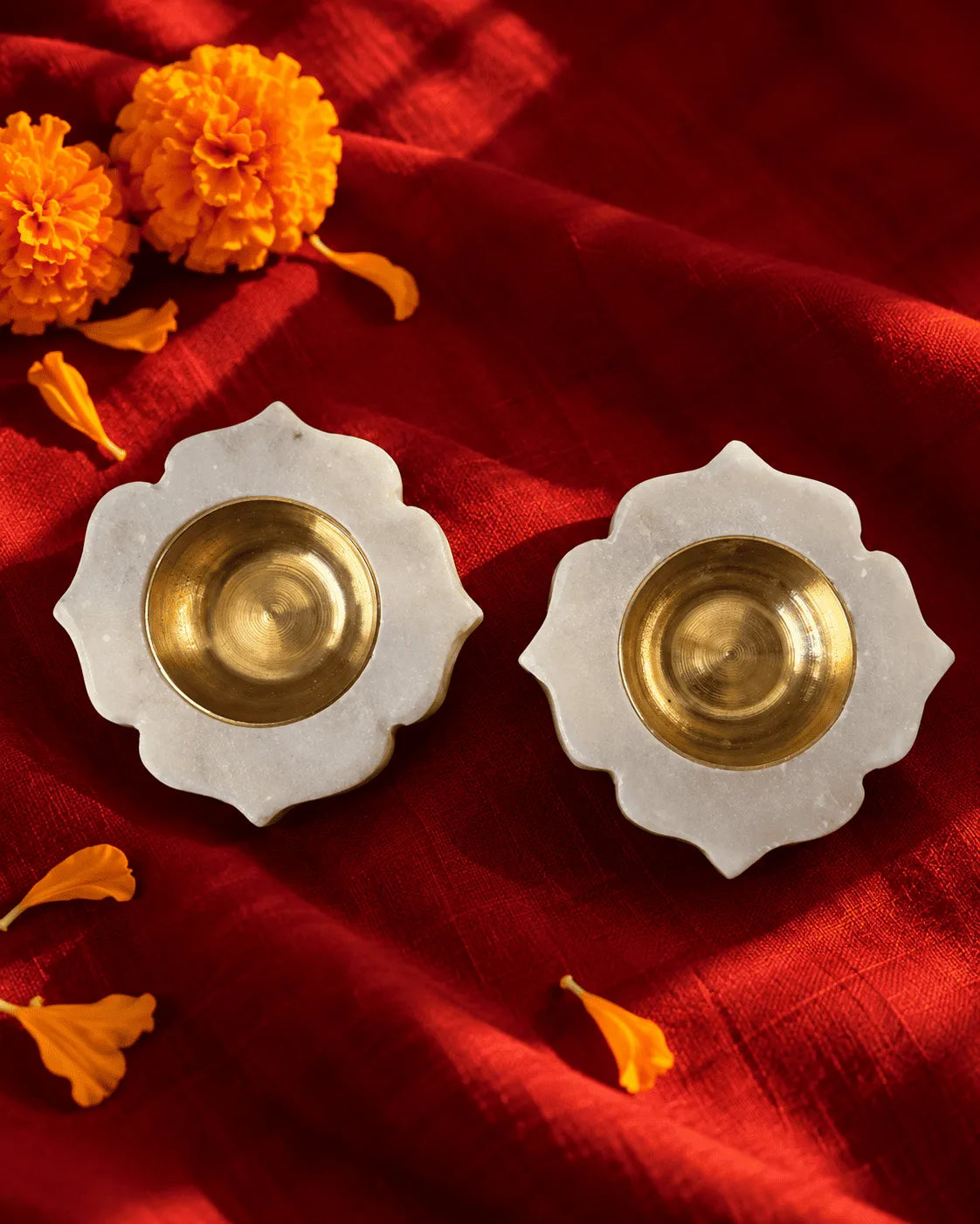 Marble Lotus Diya with Brass Cup (Pair)