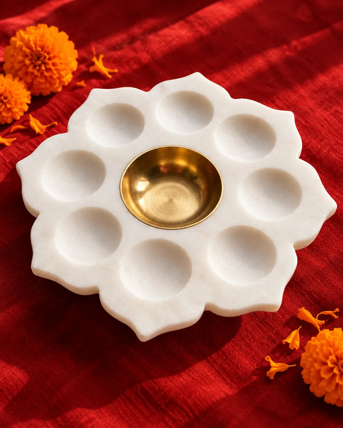 Marble Lotus Tealight Holder with 8 Cups and Brass Bowl