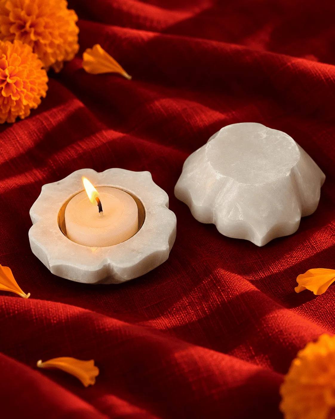 Marble Lotus Diya with Brass Cup (Pair)