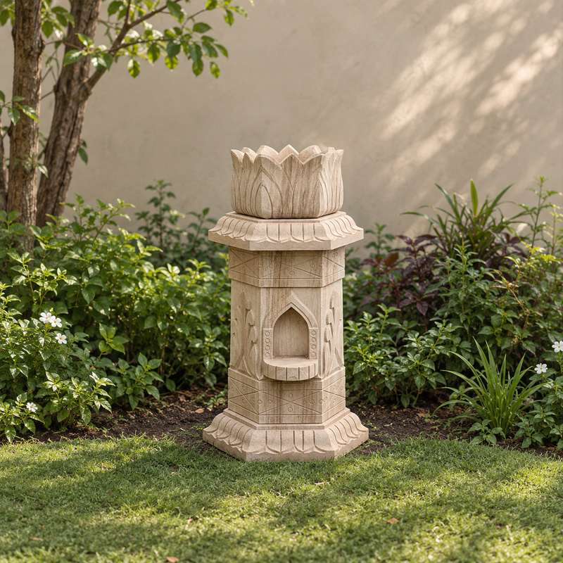 Carved Hexagonal Sandstone Tulsi Pot -