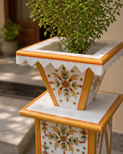 Traditional Hand-Painted Marble Tulsi Pot