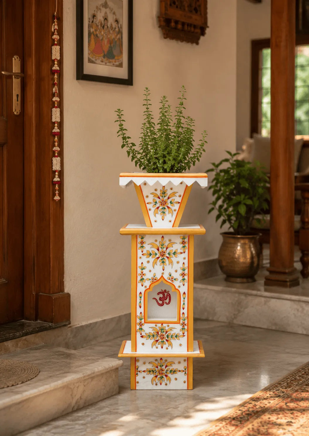 Traditional Hand-Painted Marble Tulsi Pot