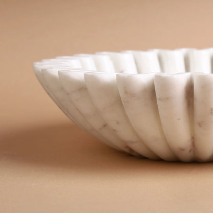Blush Bowl - White Marble Fluted Bowl with Soft Veining