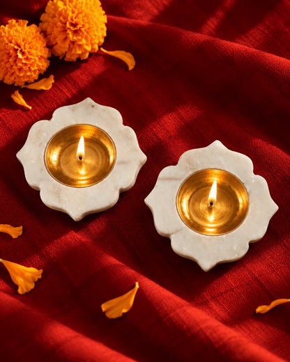 Marble Lotus Diya with Brass Cup (Pair)