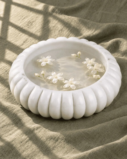 Ribbed Marble Urli Bowl with Brass Diya