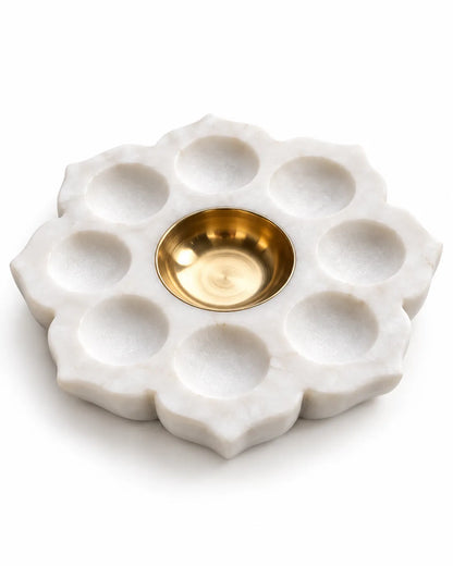 Marble Lotus Tealight Holder with 8 Cups and Brass Bowl