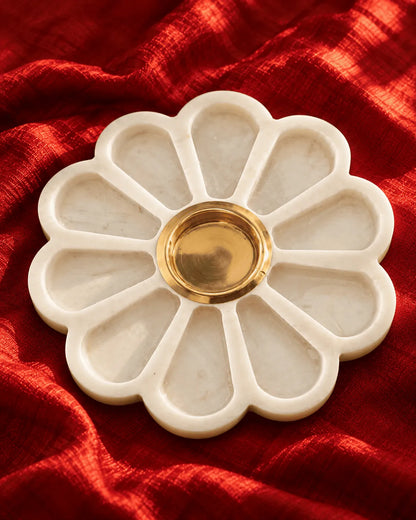 Marble Flower Diya Platter with Brass Tealight Cup