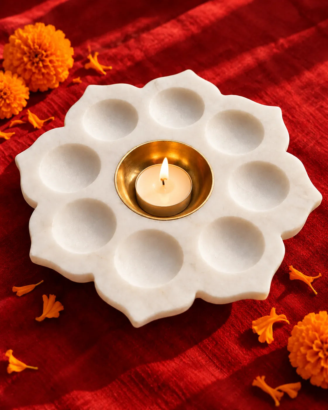 Marble Lotus Tealight Holder with 8 Cups and Brass Bowl