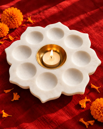 Marble Lotus Tealight Holder with 8 Cups and Brass Bowl