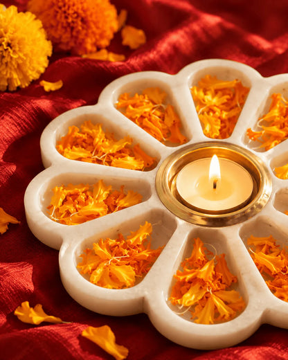Marble Flower Diya Platter with Brass Tealight Cup