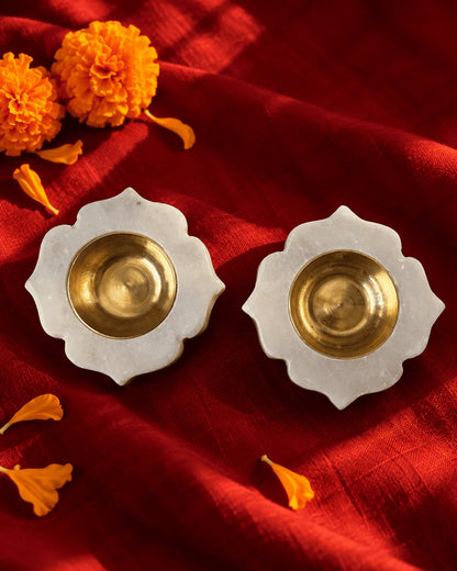 Marble Lotus Diya with Brass Cup (Pair)