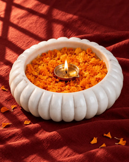 Ribbed Marble Urli Bowl with Brass Diya