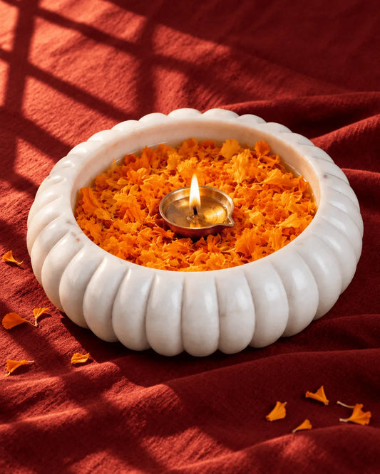 Ribbed Marble Urli Bowl with Brass Diya