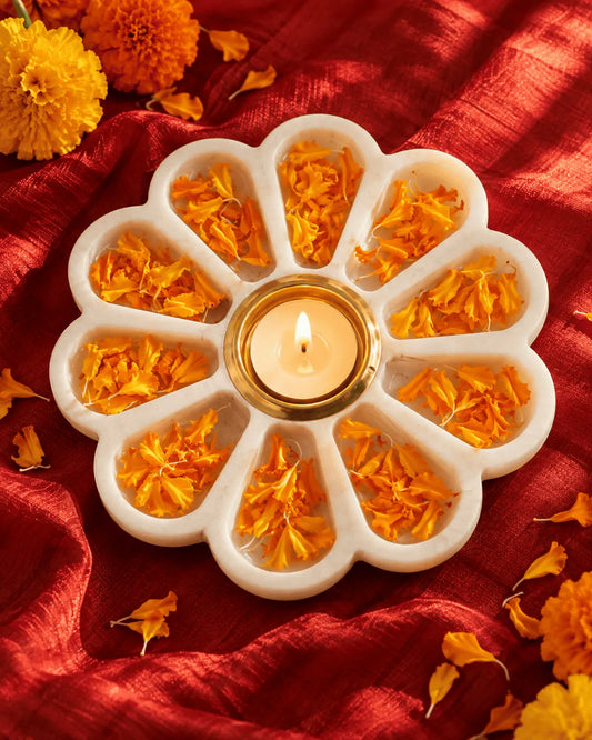 Marble Flower Diya Platter with Brass Tealight Cup