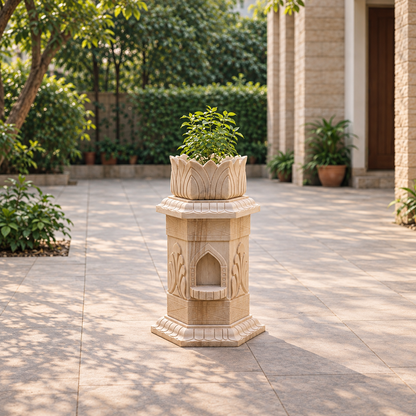 Carved Lotus-Top Sandstone Tulsi Pot