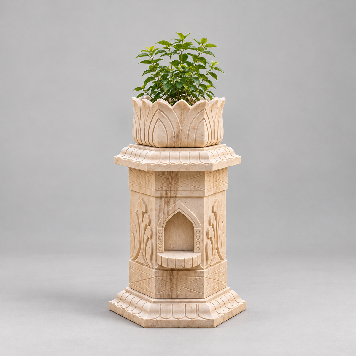 Carved Lotus-Top Sandstone Tulsi Pot