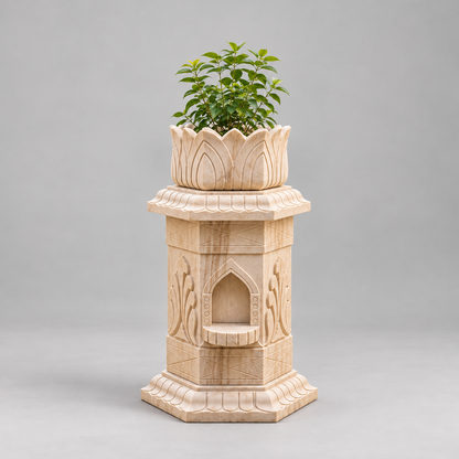 Carved Lotus-Top Sandstone Tulsi Pot