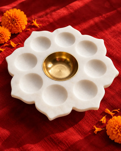 Marble Lotus Tealight Holder with 8 Cups and Brass Bowl
