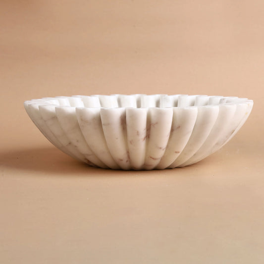 Blush Bowl - White Marble Fluted Bowl with Soft Veining