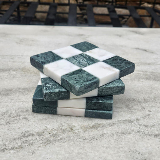 Green and White Marble Coasters, Checkered